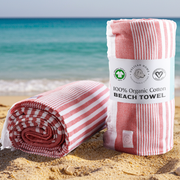 Pink striped organic cotton Sunset Beach towels with packaging