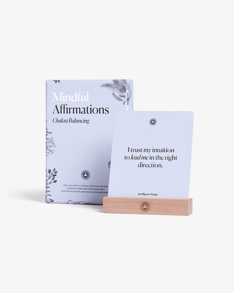 Mindful Affirmations for Chakra Balancing cards with box and wooden stand