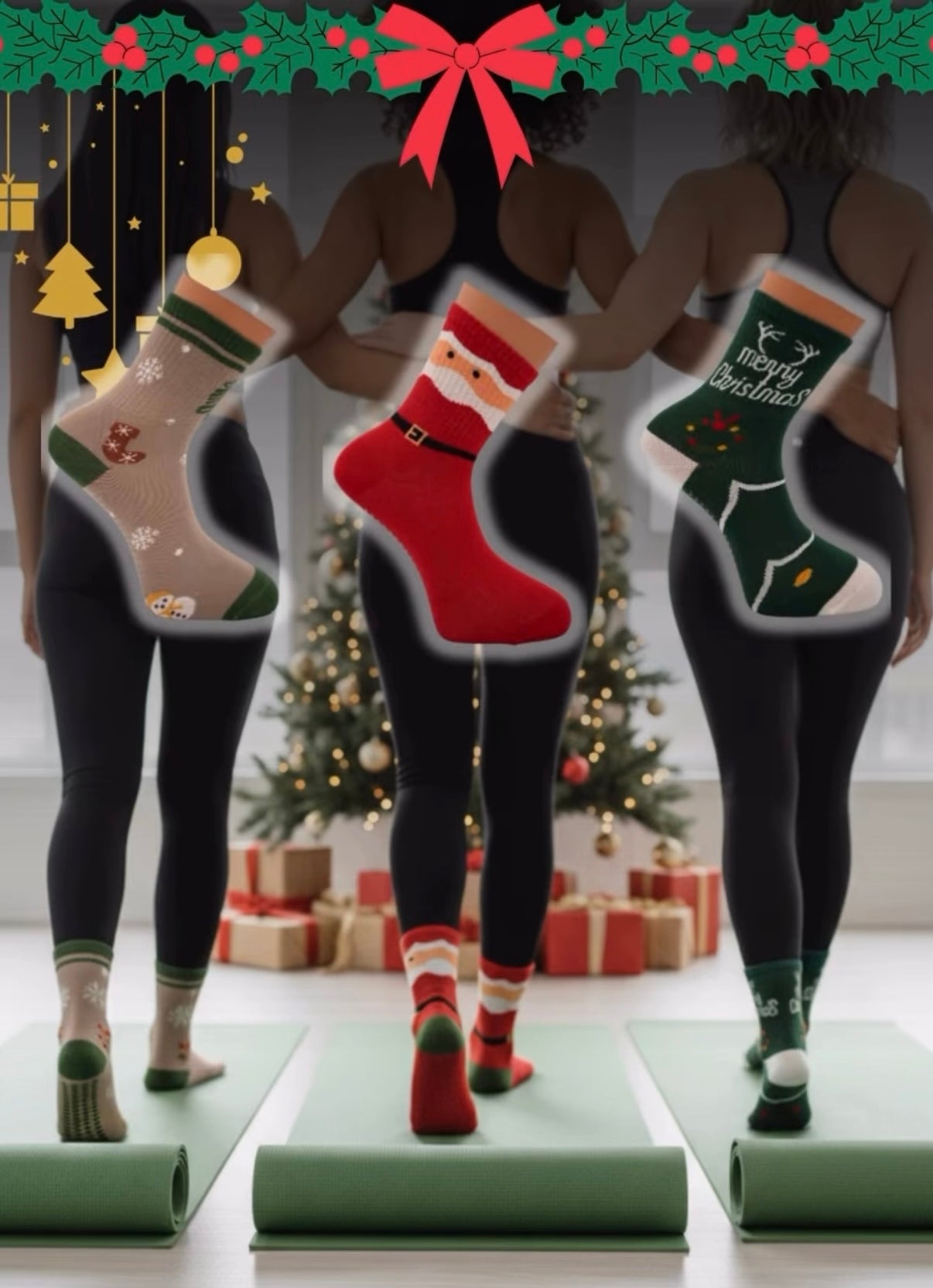 Profesyonel Kaydırmaz Pamuklu Yoga ve Pilates Çorabı - Yeni Yıl Serisi Üçlü Set