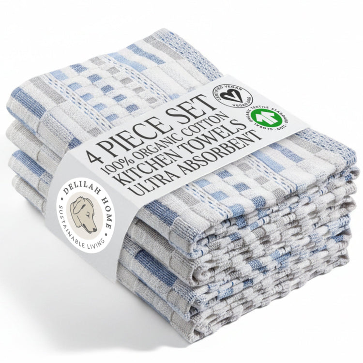 Four-piece blue and white organic cotton kitchen towel set