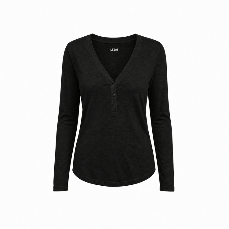 Lezat long sleeve black monroe organic cotton henley long sleeve