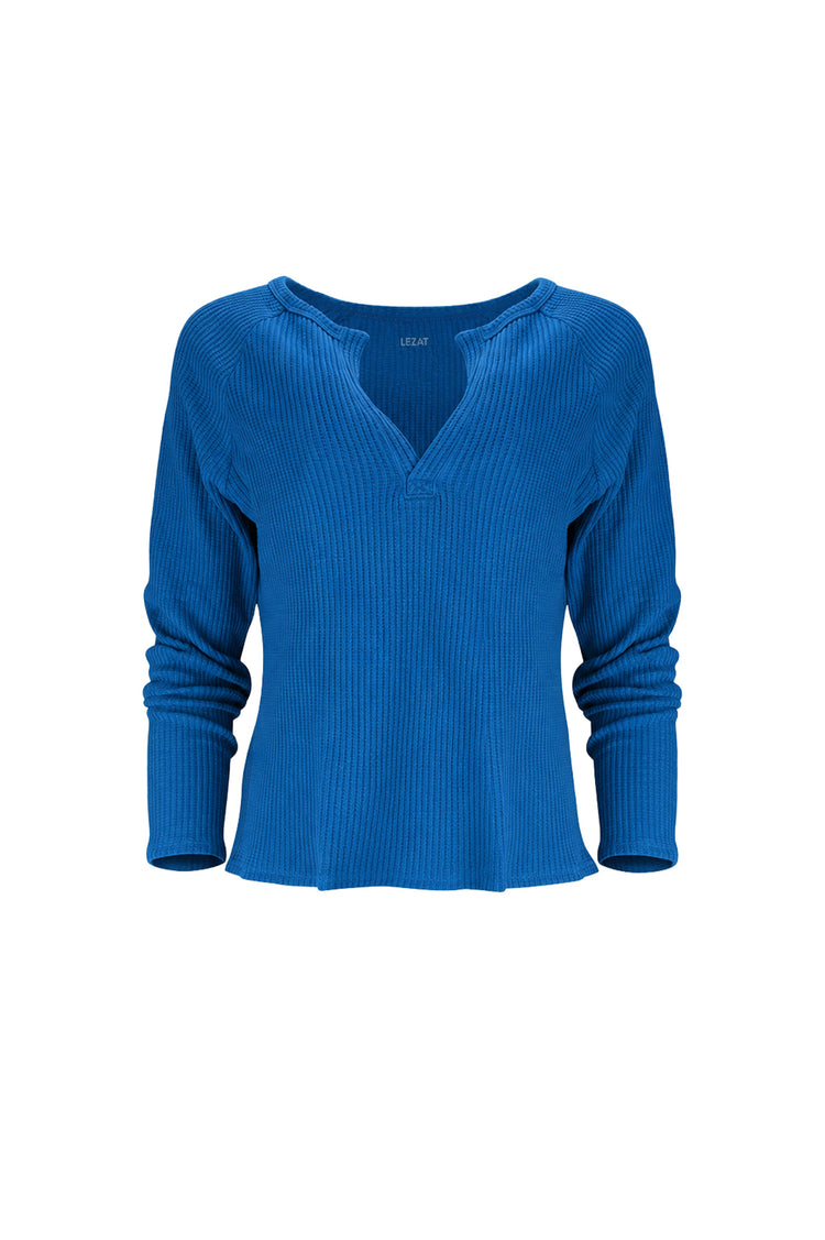 Lezat marine jules waffle knit organic cotton v neck pullover
