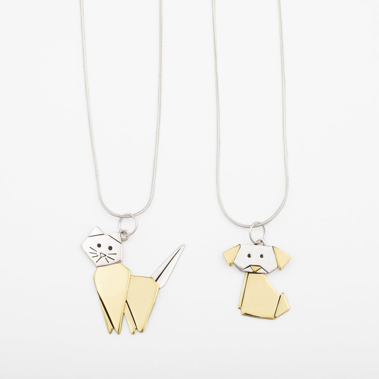 Origami cat and dog pendant necklaces