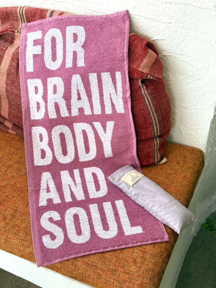 Pink yoga towel with For Brain Body and Soul design