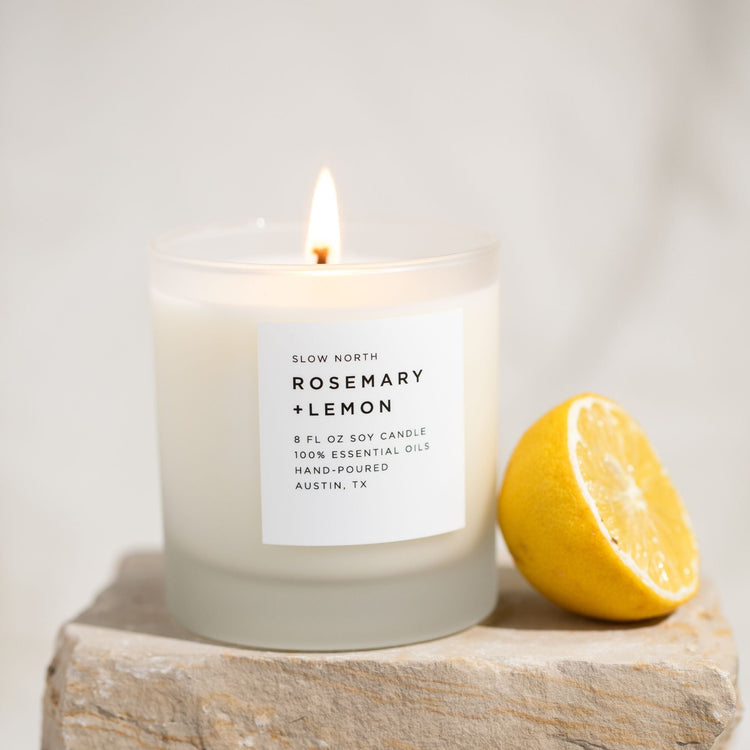 Rosemary and Lemon - Signature Candle in a frosted glass jar
