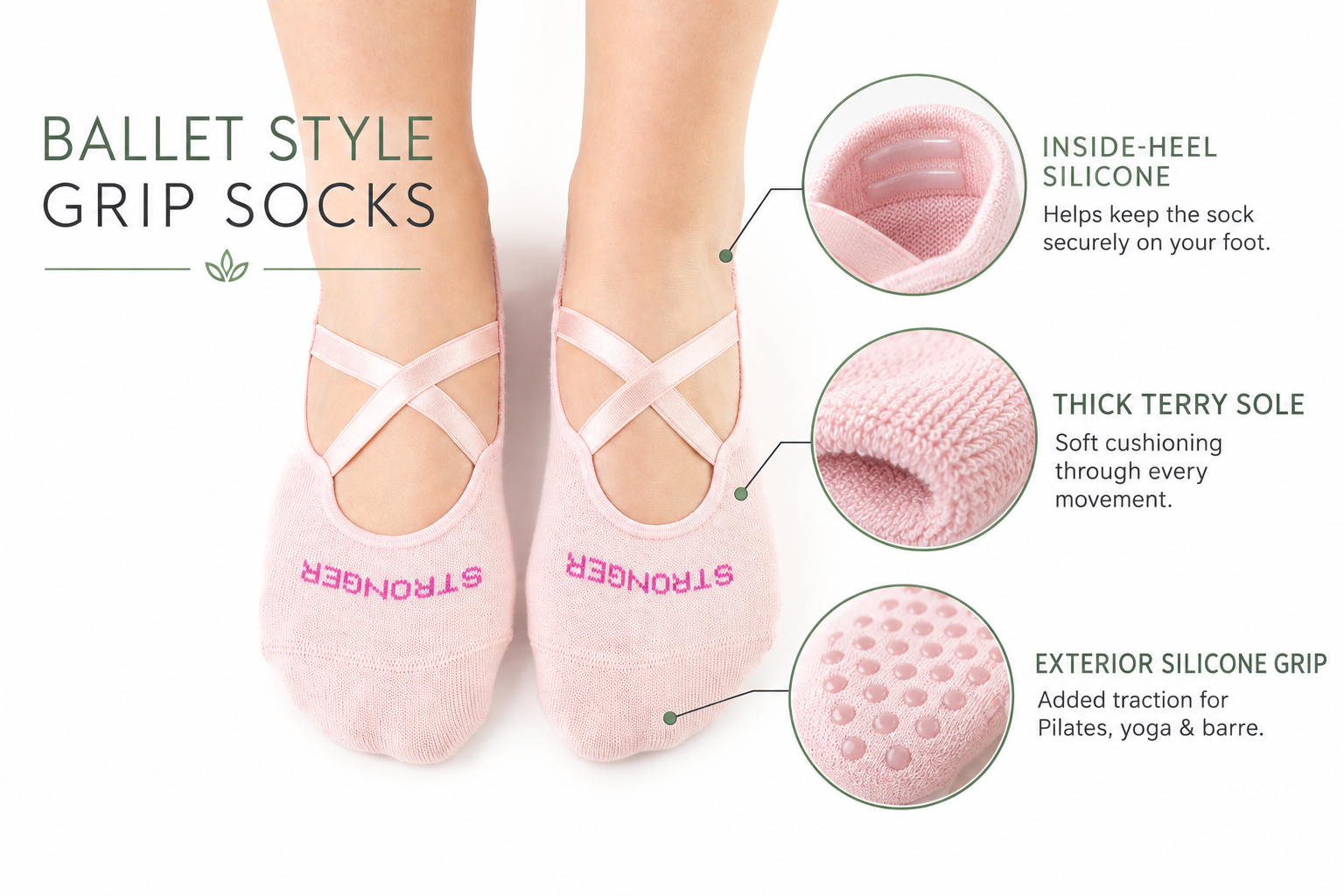 Ballet Style grip sock infographic showing inside-heel silicone, a thick terry sole and exterior silicone grip